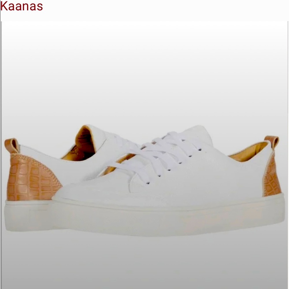 KAANAS - White & Tan Paris Women’s Lace Up Low Top Sneakers. Size US 10